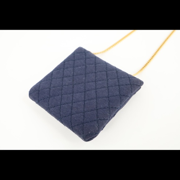 Vintage Chanel Knit Quilted Jersey Pouch Necklace Dark Blue Gold Hardware - Picture 6 of 8